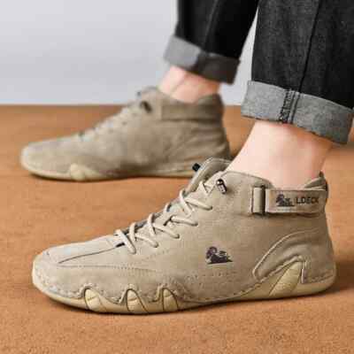Men's Leather Flats Shoes Outdoor Casual High Top Motorcycle Walking Sneakers
