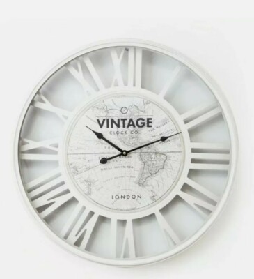 Große 60cm Weiß Vintage Weltkarte Wanduhr Retro Chic Wohndeko Geschenk Lounge.