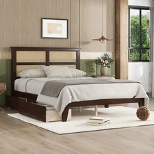 Full Size Bed Frame with Rattan Headboard /2 Drawers/ Rubber Wood Bed Espresso