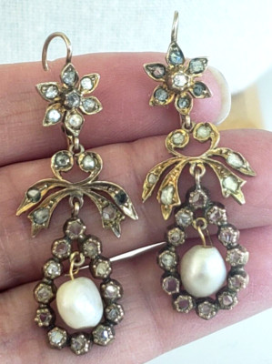Antique Iberian Peninsula 14K Diamond Pearl Pierced Earrings 2'' 7.44grams 1.5ct