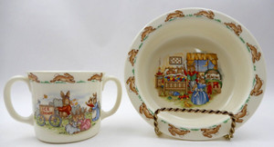 VINTAGE ROYAL DOULTON BUNNYKINS DOUBLE HANDLED BABY CUP & BEDTIME SCENE BOWL