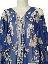 Beach Cover Robe Sheer Bohemian Style Blue  White Floral Kaftan Dress Tassels