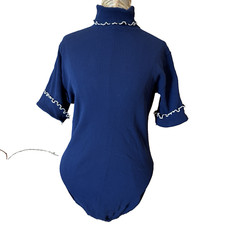 2 Pc Vintage 70s Leotard Top Women Medium Blue Stretch Bodysuit Lettuce Hem