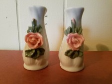Ceramic Salt & Pepper Shaker Set w/ pink flowers and green leaves