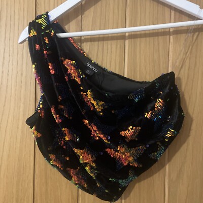 Boohoo Velvet Star Sequin One Shoulder V Hem Top Black Size