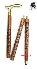 Vintage Fancy Hand Carved Walking Stick Wooden Cane Victorian Brass Handle