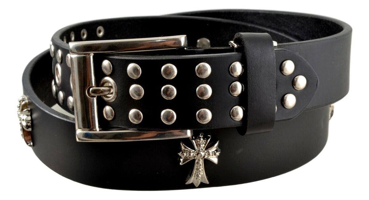 Black Leather Chrome Studded Unisex Belt With Crosses Metal Black Leather Chrome Studded Unisex Belt With Crosses Metal