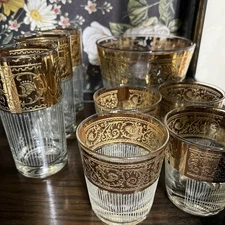 Culver Starlyte Mid Century 8 Pc Set Vintage Glam Glasses with 22K Gold Bands
