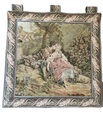 French Cottagecore Woven Jacquard Tapestry Wall Hanging Flute Lesson  24'' Lovers