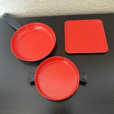 Vintage Red  Black Childs Play Kitchen Pans 3 Piece Set 70s/80s Hong Kong