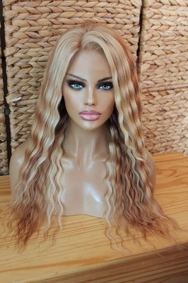 Perücke remy Echthaar Front Lace Wig Strähnchen Highlight blond hellblond wellig
