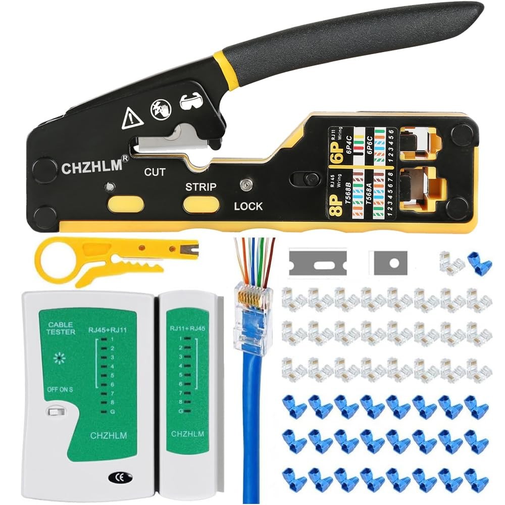 RJ45 Crimp Tool Kit Pass Through Crimper Ethernet Crimping kit Stripper Cutter