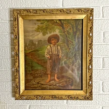 1871 Antique Reticulated Wood Frame Prang Chromolithograph BAREFOOT BOY
