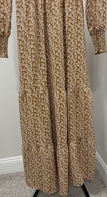 Brown/White Floral Smocked Maxi Dress Long Sleeve Round Neck S