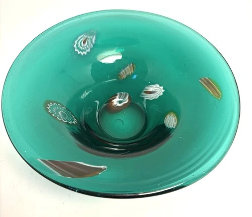 Vintage Murano Emerald Green Glass Millefiori Vortex Bowl 7 1/2 Diam
