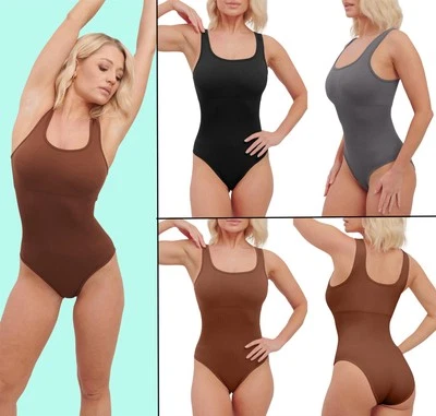 CRAZY GIRL Women Tummy Control Padded Bodysuit Tank Top Ribbed Seamless Full Body Shaper