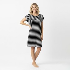Tommy Bahama Women Shift Dress Size M Black White Striped Casual Beach Travel