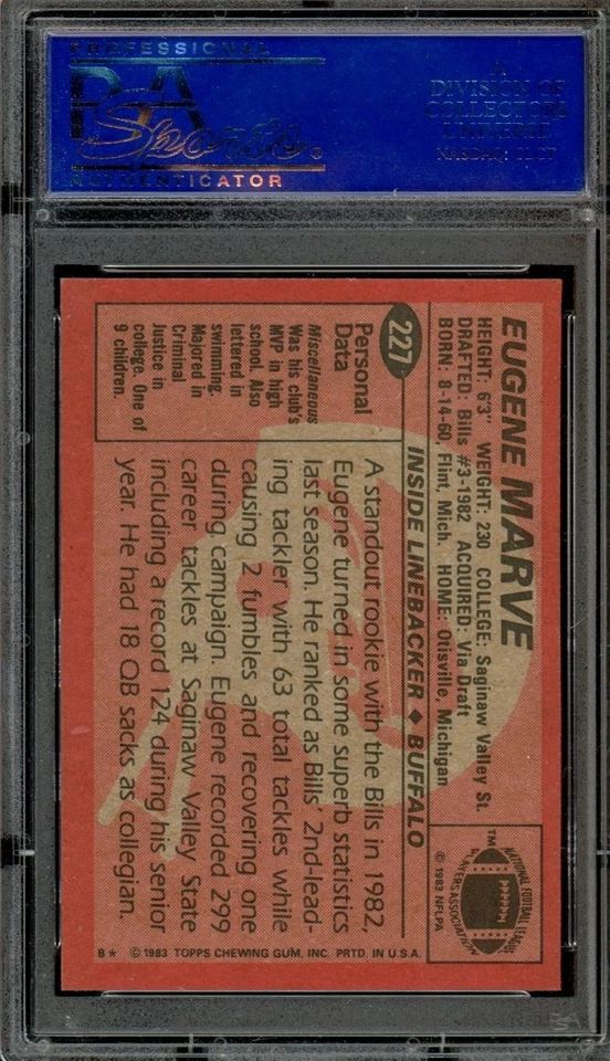 1983 TOPPS #227 EUGENE MARVE PSA 10 BILLS RC [244] - Image 2 of 2
