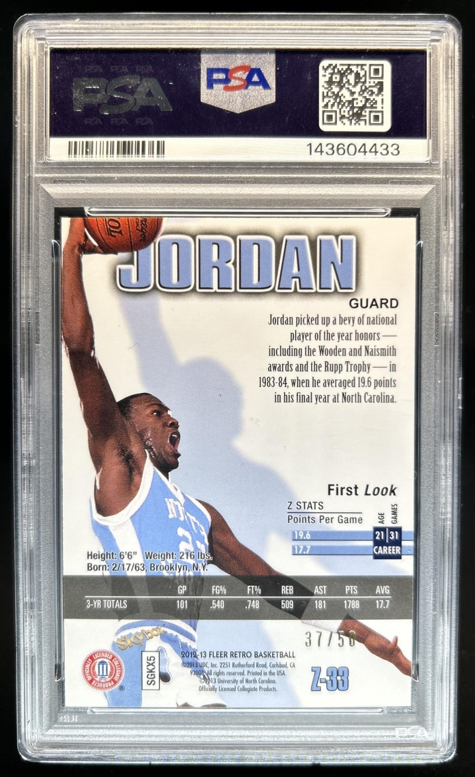 2012-13 Fleer Retro Michael Jordan 97 98 Z Force Super Rave #/50 Tar Heels PSA 8 view 2