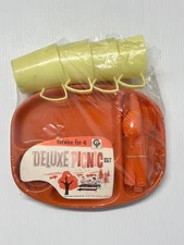 Vintage MCM Retro Orange & Yellow Plastic Camping Picnic Set Tiny House Kitschy