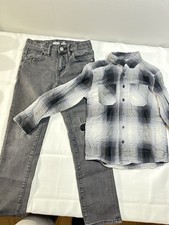 Old Navy Wonder Nation Boys Gray Jeans Plaid Shirt Set Slim Fit Size S 6-7