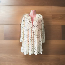 Ladies ZARA Ivory  & Black Dress Dotty Floaty Boho Lined Size M 12-14 Ex Cond