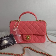 AUTH Chanel Classic Flap Mini Pink Caviar Leather Gold Hardware Chain Top Handle
