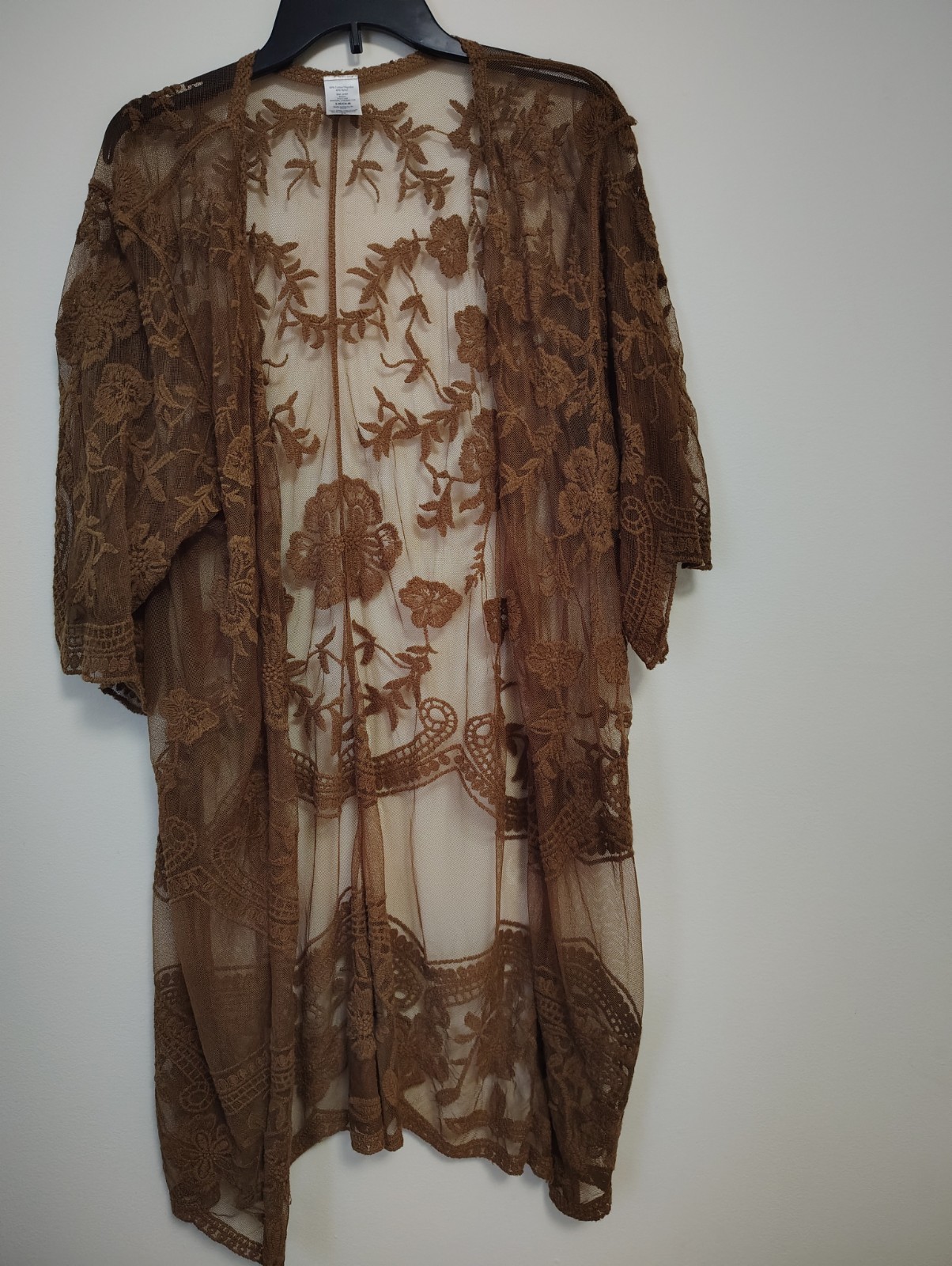 Women's Sheer Embroidered Floral Mesh Open-Front Kimono BeachCoverup, Brown S/M