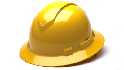 Pyramex Full Brim Hard Hat, Vented, 4-Point Ratchet Suspension, Yellow