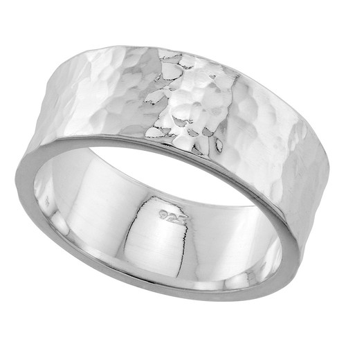 925 Sterling Silver Flat Hammered Finish Wedding Ring , 5/16 Inch (8mm) Wide