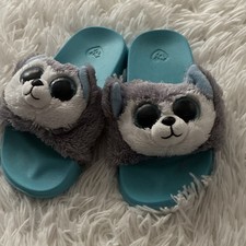 Women s Blue Faux Fur Animal Print Slide Slippers Open Toe Slip On US 11 M