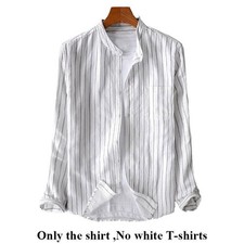 Mens Long Sleeve Retro Striped Shirt Collarless Grandad Casual Dress Shirts Tops