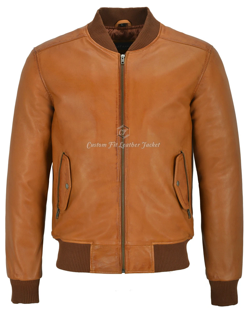 70 S Men s Leather Jacket Tan Retro Bomber Soft Italian Napa Biker