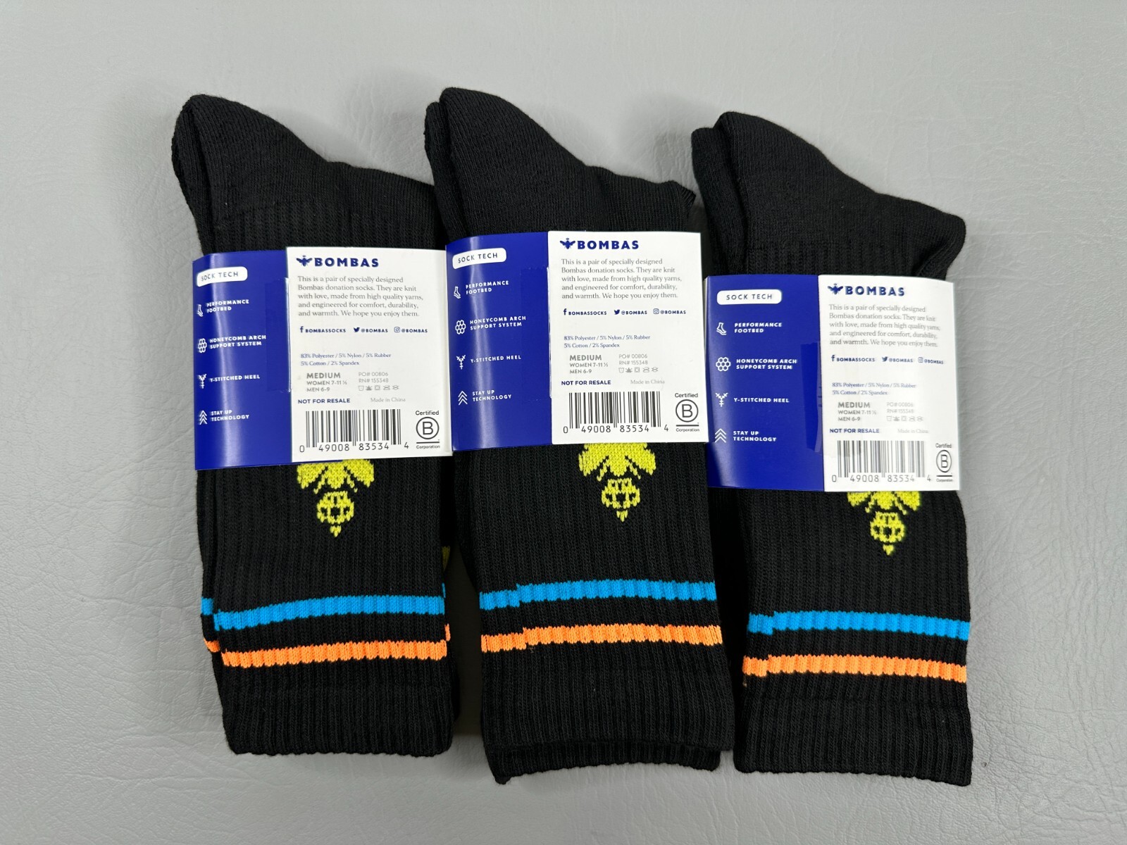 Bombas Men's Crew Socks Black Size Medium Lot Of 3 Pairs Size