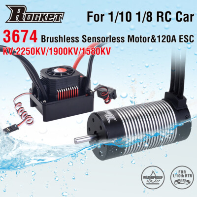 Rocket 3674 Brushless Motor 1900KV 2250KV + 120A ESC for 1/8 1/10 RC Car