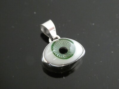 EVIL EYE Sterling 925 Green Glass Protection Amulet Lucky Pendant Taxco Mexico