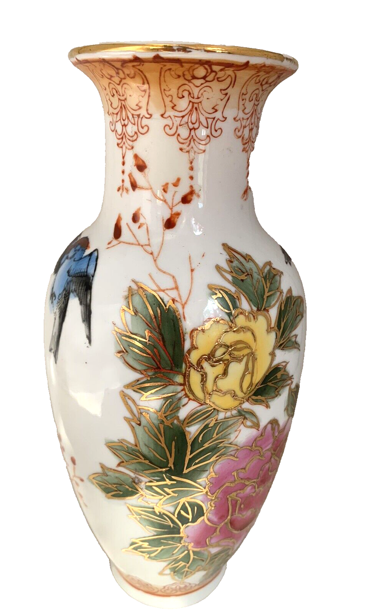 Vintage Japan Floral Blue Bird Vase 8