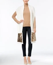 INC International Concepts Oversize Knit Sequined Pocket Scarf Ivory-Gold #2518