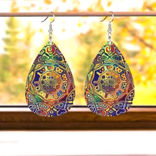 Women Two-sided Western Leopard Sunflower Waterdrop Dangle Earrings Boho