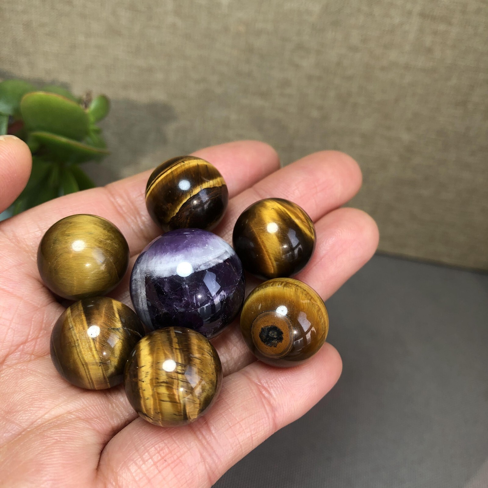 7Pcs Natural Amethyst Yellow Tiger Eye Crystal Balls 18-23mm Specimen 6759