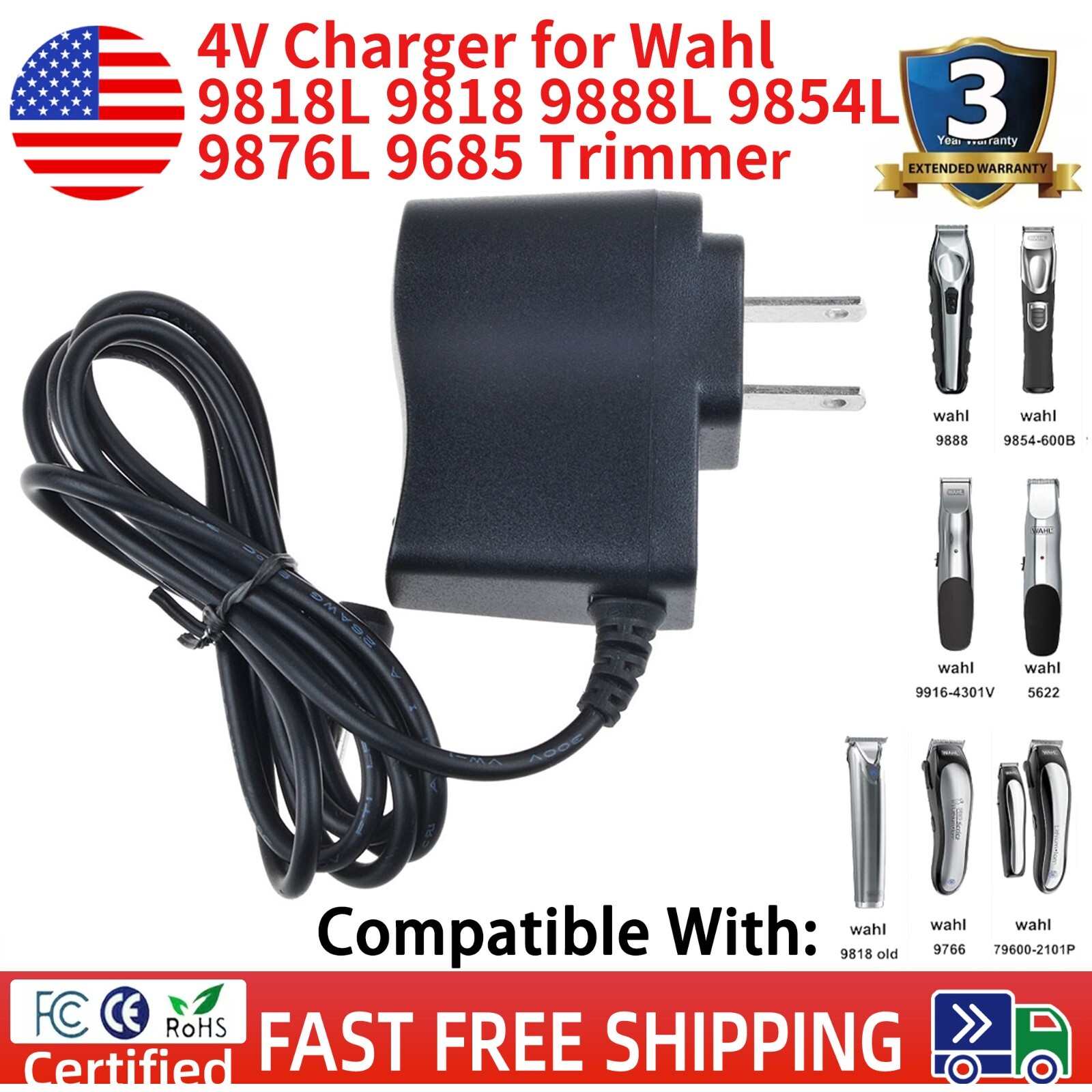 4V Charger for Wahl 9818L 9818 9888L 9854L 9876L 9685 Trimme