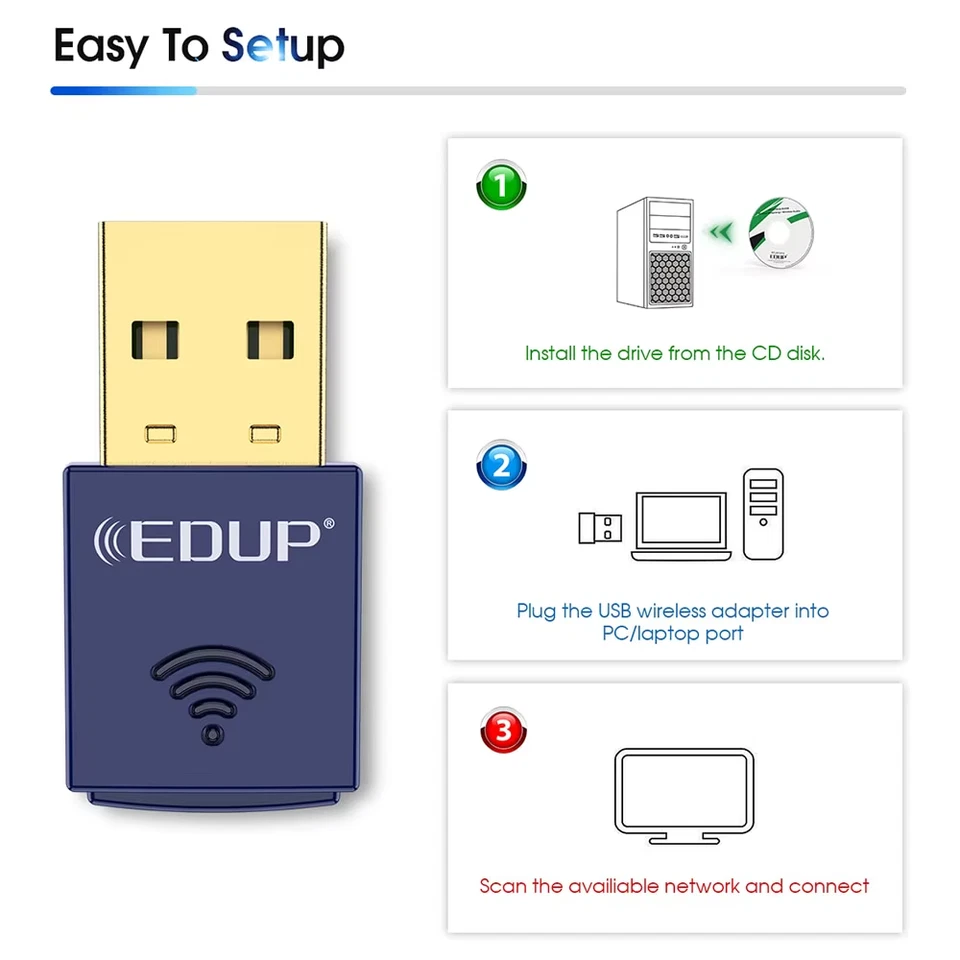 EDUP Mini WiFi Adapter 150Mbps WiFi Wireless Network Card Bluetooth4.0 USB2.0 - Immagine 3 di 4