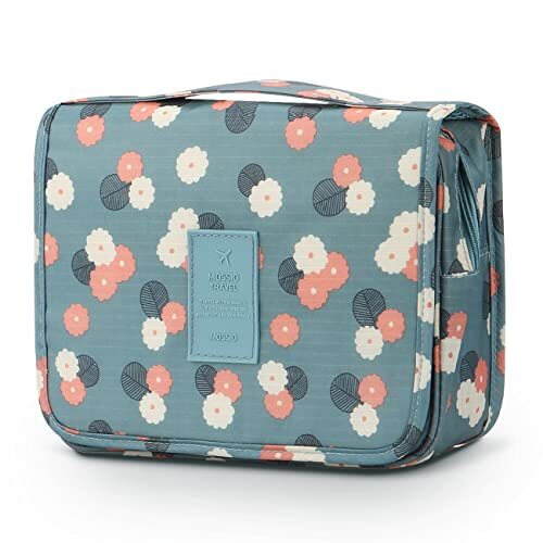 Mossio Large Blue Floral Hanging Toiletry Bag for Travel and Makeup