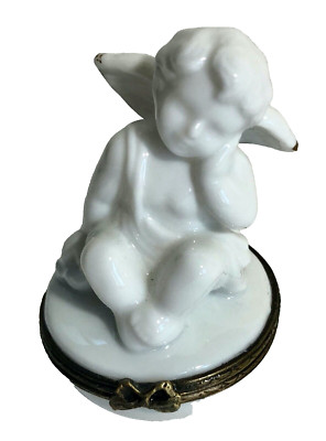 Cupid Angel Porcelain Hinged Trinket Box  White and Gold             JB0497