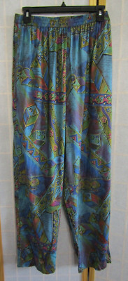 NWT Mascetti Batik Pull On Hawaiian Design Women's Pants Teal/Gold Size L