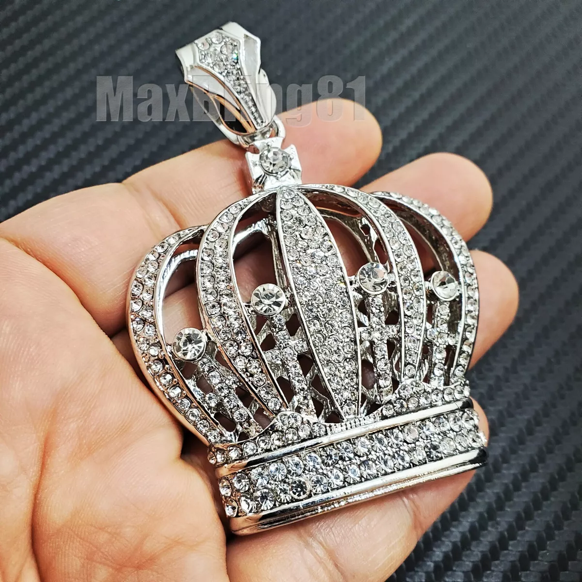 HIP HOP ICED SILVER PLATED CUBIC ZIRCONIA LARGE KING CROWN BLING CHARM  PENDANT