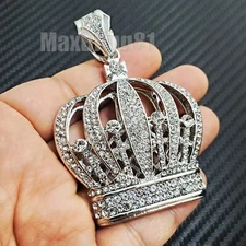 HIP HOP ICED SILVER PLATED CUBIC ZIRCONIA LARGE KING CROWN BLING CHARM PENDANT