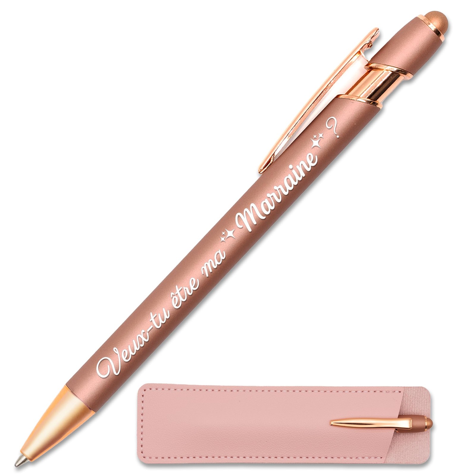 Stylo Veux-tu être ma Marraine, stylo gravé en métal cuivré et étui de protection cuir