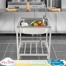 Commercial Single Bowl Stainless Steel Hand Wash Sink Basin Freestanding &Faucet