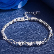 Women Charm Love Heart Beads chain 925 Sterling Silver Fashion Bracelet Jewelry